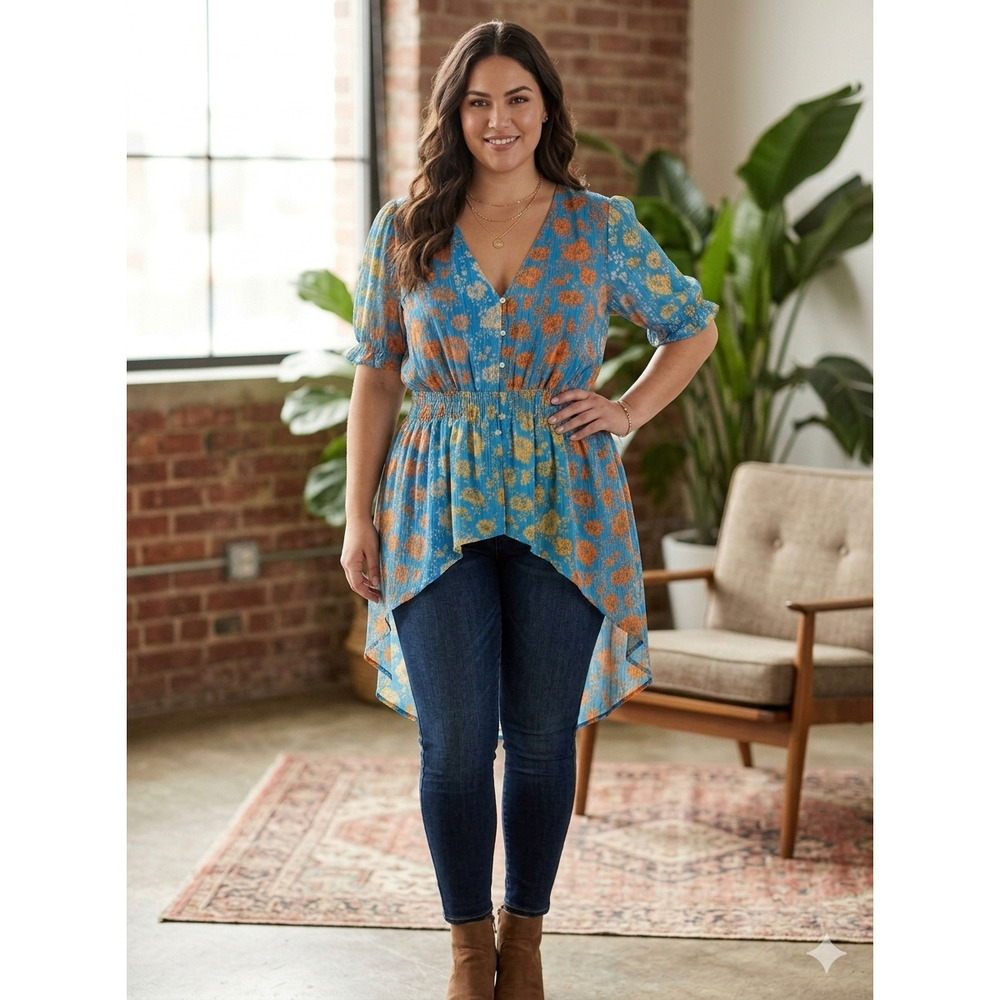 Cato blue floral print hi low button up top Size 18/20W Boho Maximal Vibrant